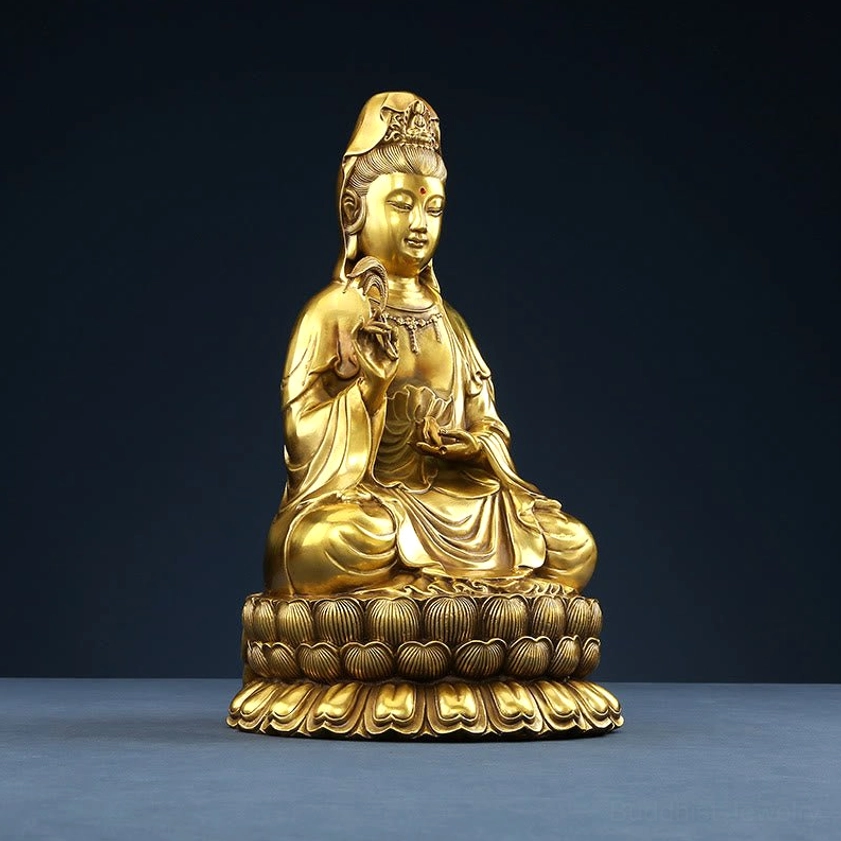 Avalokitesvara Guanyin brass statue base close-up showing lotus throne intricate carving