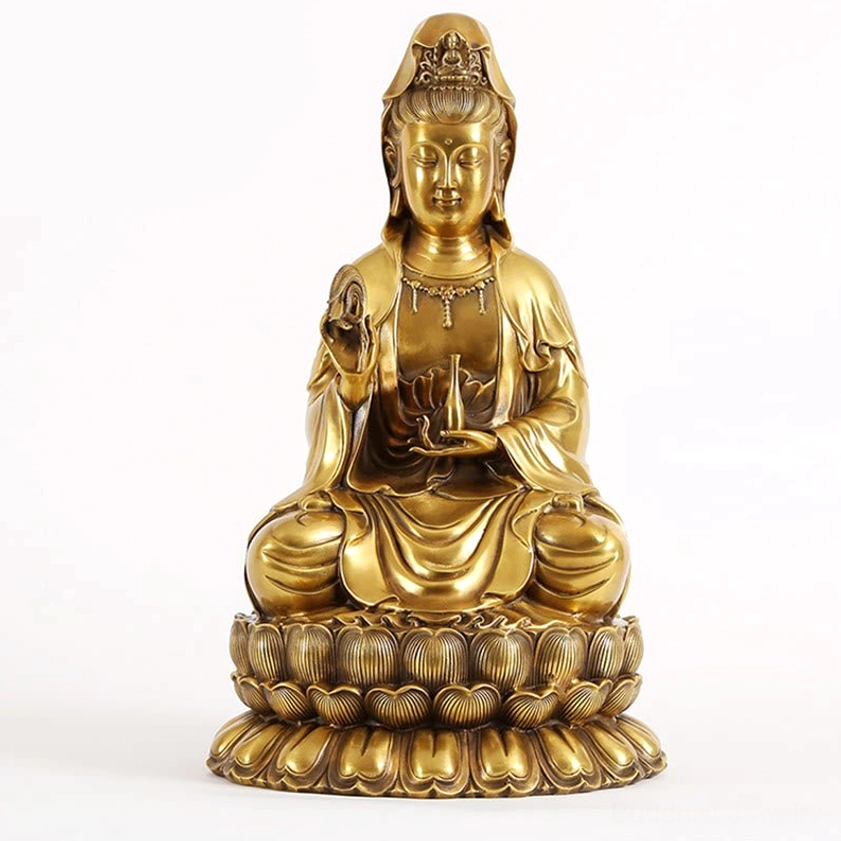 Avalokitesvara Guanyin brass statue in seated lotus position holding dual healing vases on light gray background