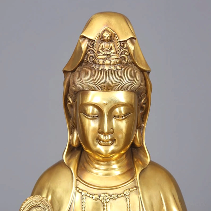 Avalokitesvara Guanyin brass statue medium size 16x15x28cm with detailed facial features and headdress