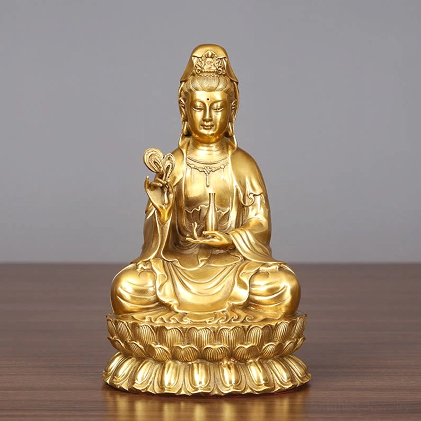 Avalokitesvara Guanyin brass statue full length with ornate headdress and detailed robe on wooden display