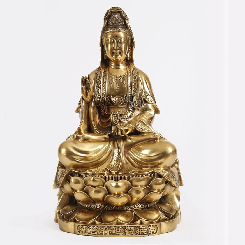 Brass Avalokitesvara Guanyin statue shiny golden finish, full front sacred pose, detailed carved lotus base and robe