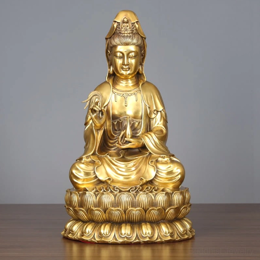 Avalokitesvara Guanyin brass statue side profile showing lotus throne and intricate sculptural craftsmanship