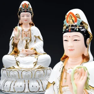 Avalokitesvara Guanyin ceramic Buddha statue front dual view with white glaze and gold painted headdress details