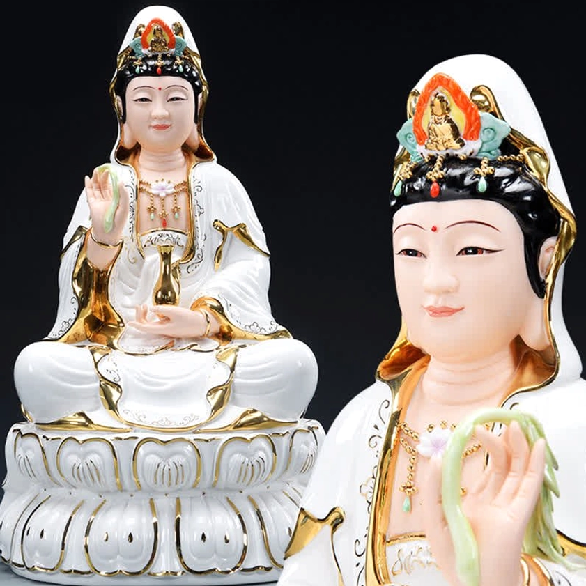 Avalokitesvara Guanyin ceramic Buddha statue front dual view with white glaze and gold painted headdress details