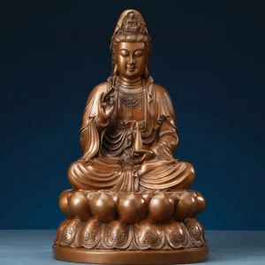 Hand-carved Avalokitesvara Guanyin copper statue front full view with ornate robe details and lotus base, bronze patina finish