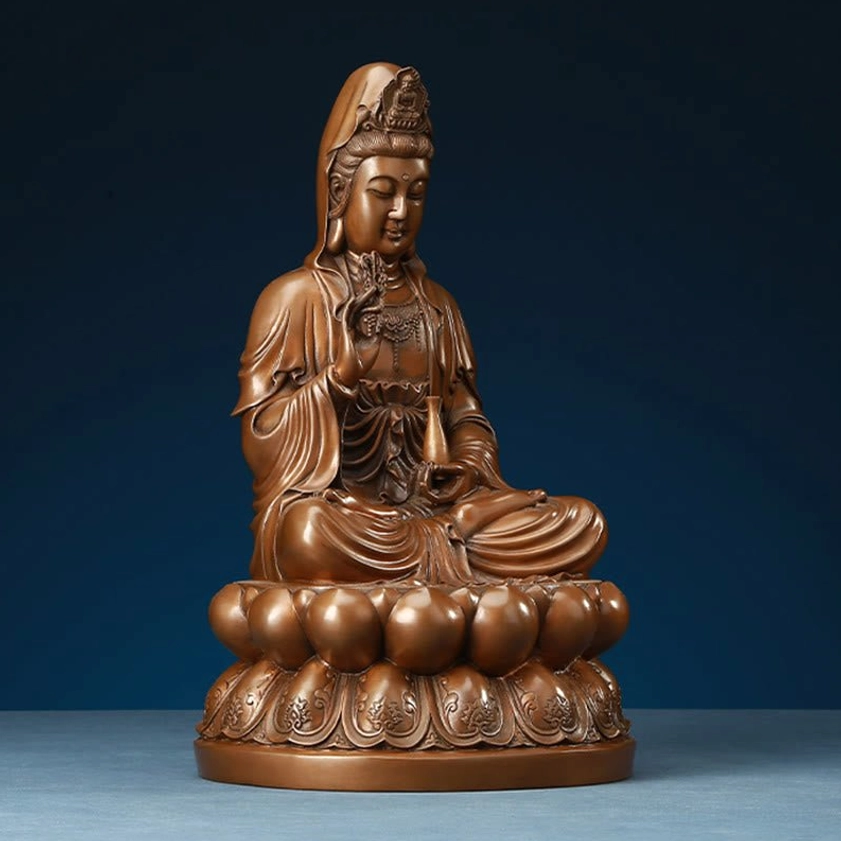 Avalokitesvara Guanyin copper statue full body view from front angle highlighting complete artistic composition