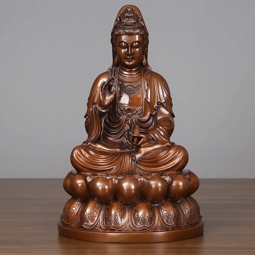 Standard Avalokitesvara Guanyin copper statue full front view with clear robe texture and stable lotus throne foundation