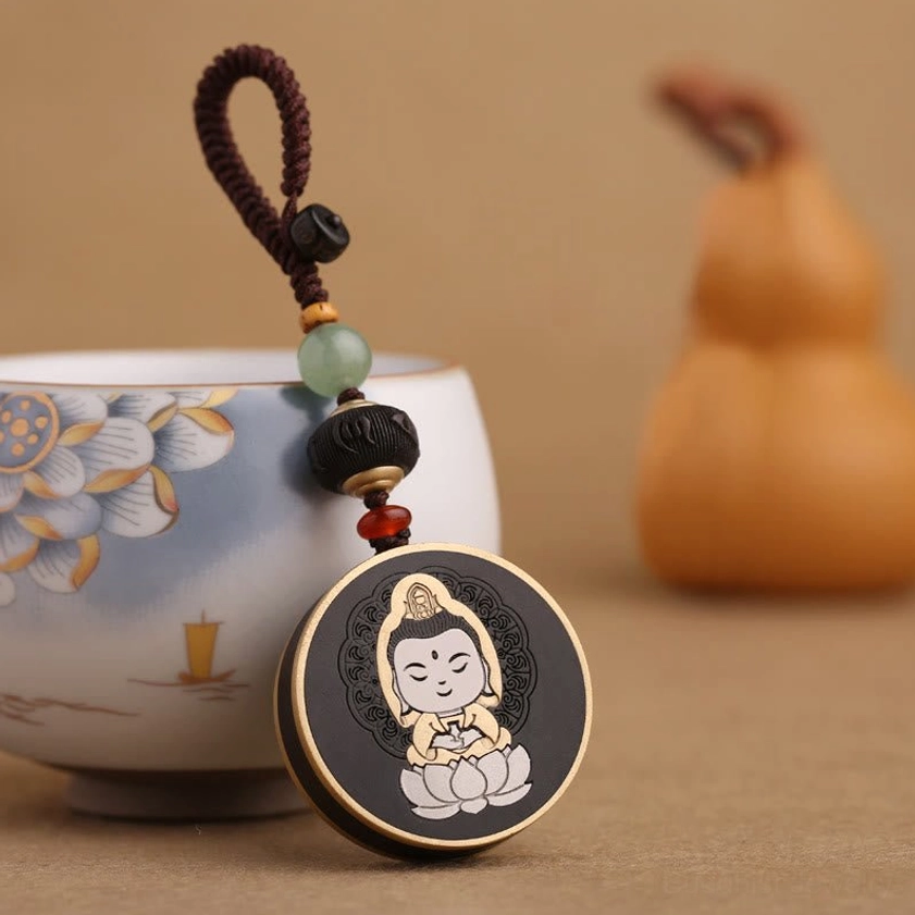Avalokitesvara Guanyin wooden keychain with dark pendant and lotus design - spiritual Buddhist charm