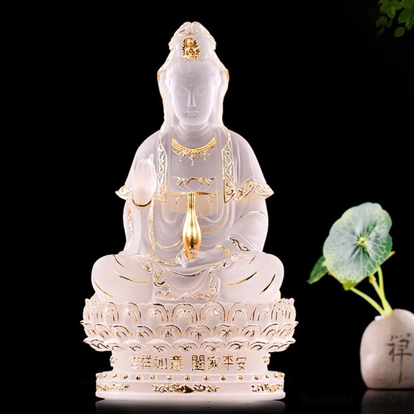 Gilded Avalokitesvara Liuli crystal Guanyin statue with gold decorative trim and holy vase, front view, frosted white with gold gilding