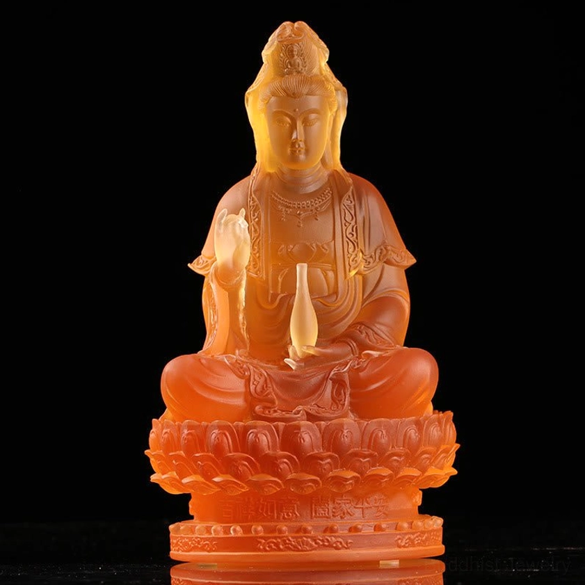 Amber translucent Avalokitesvara Guanyin Liuli crystal statue with golden holy vase warm golden light