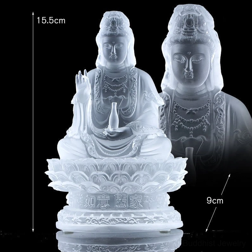 Compact 15.5cm Avalokitesvara Guanyin white Liuli crystal statue personal altar desk display