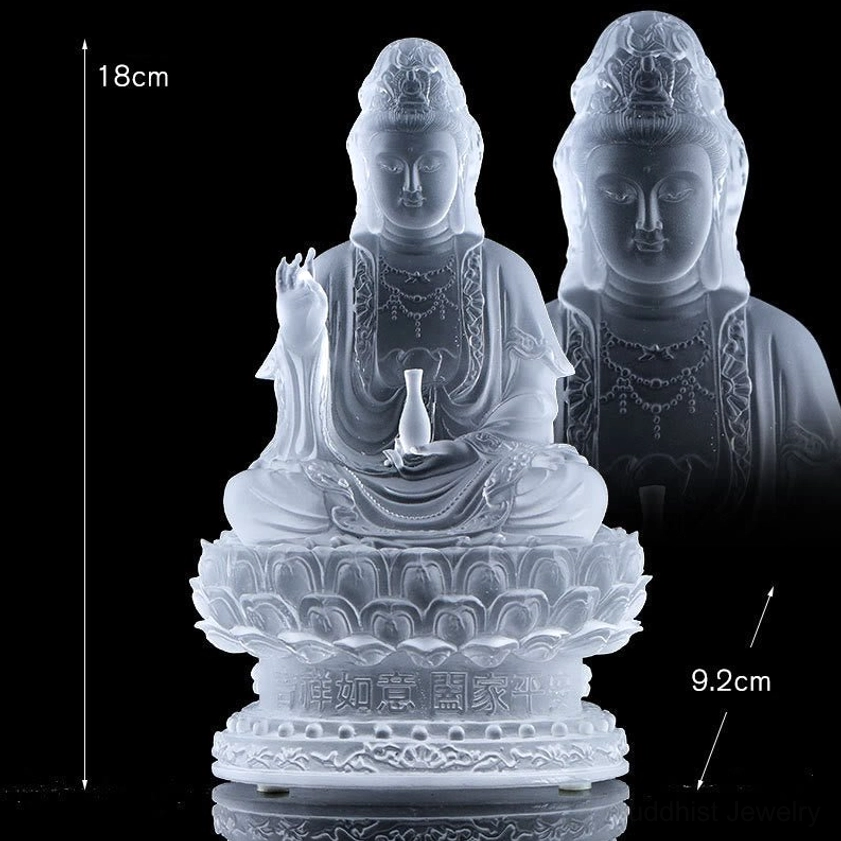 Pure white frosted Avalokitesvara Guanyin 18cm Liuli crystal handmade statue spiritual protection