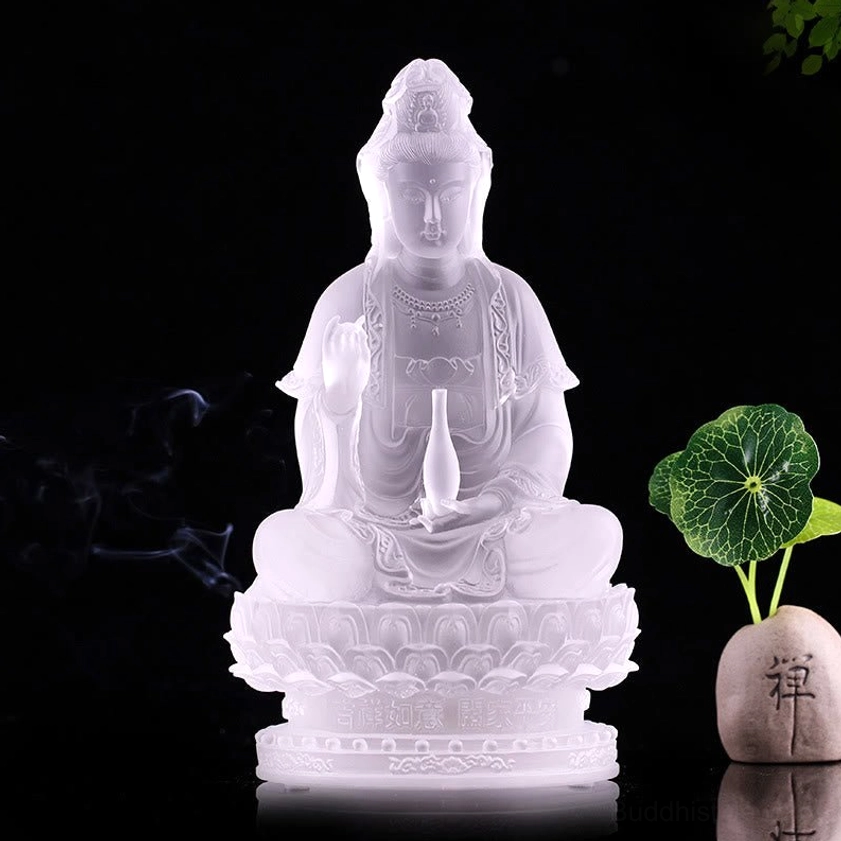 Pure frosted white Avalokitesvara Guanyin Liuli statue large 23cm size front view home altar offering decoration