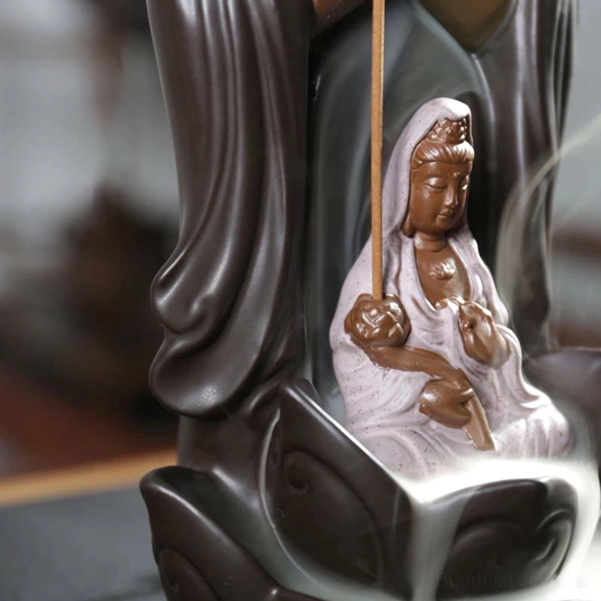 Avalokitesvara Guanyin Statue Close-up - Side View with Backflow Incense Smoke and Ruyi Ornament