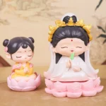 Avalokitesvara Guanyin statue set with lotus attendants and boy girl figurines resin meditation decoration