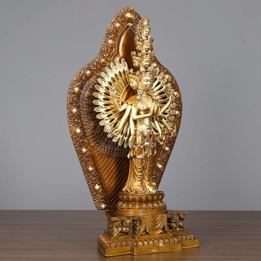 Guan Yin compassion statue three-quarter front right view showing intricate carved details and spherical backboard ornaments