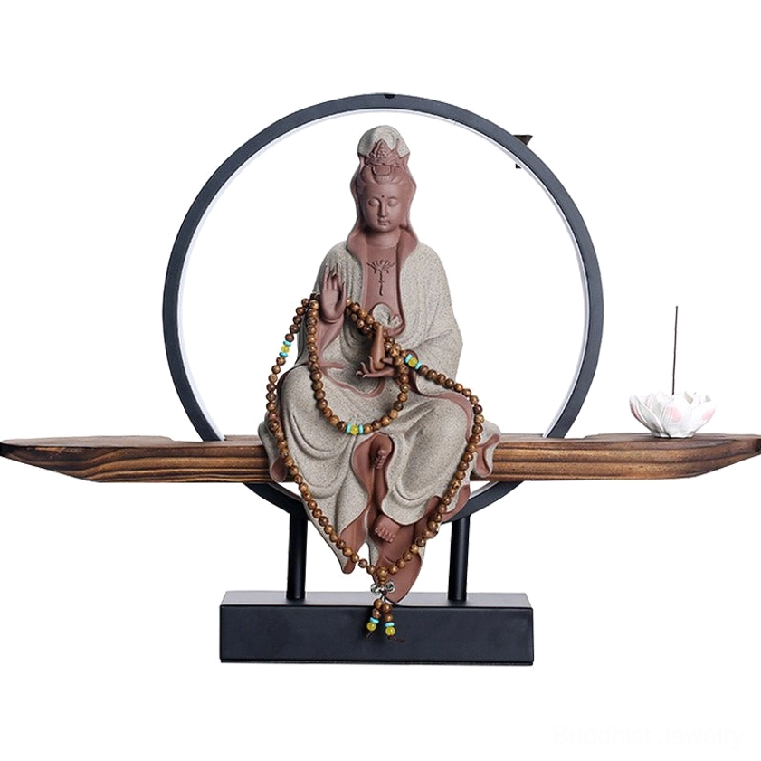 Avalokitesvara incense burner lifestyle photo showing home meditation setup with spiritual decor