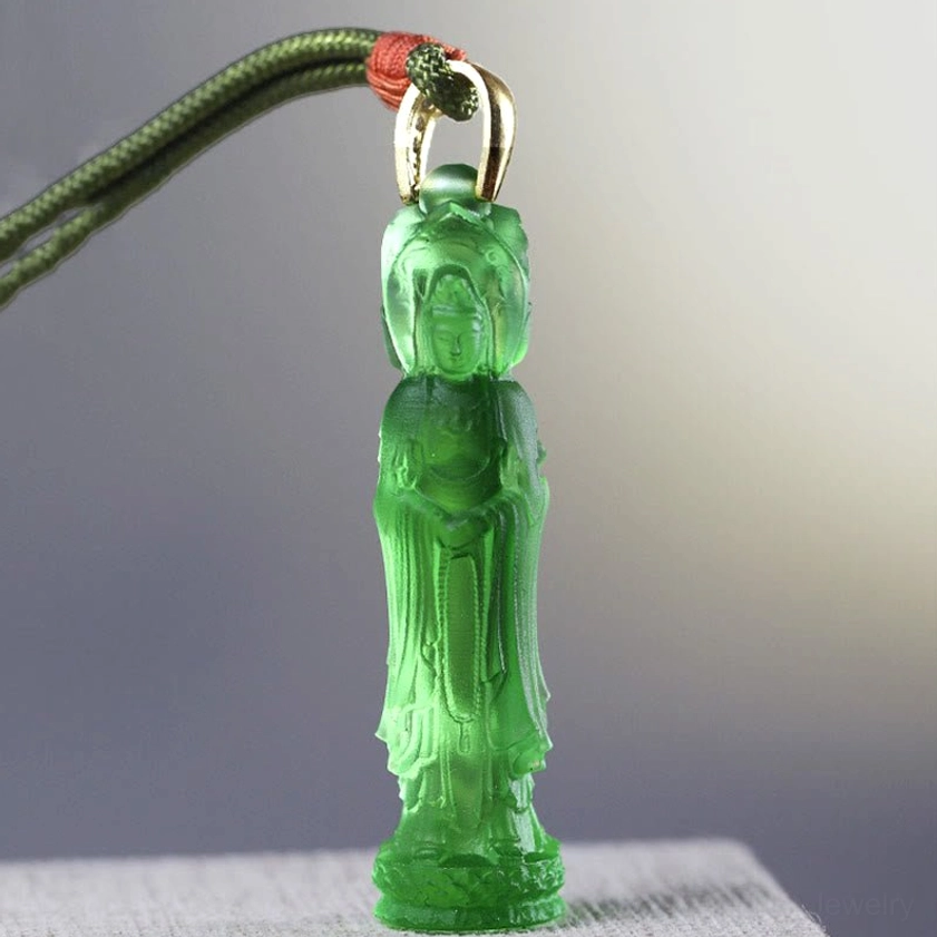 Emerald green deep Avalokitesvara Liuli glass pendant with green braided lanyard and metal buckle, front view