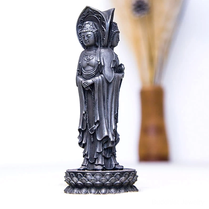 Triple-face Avalokitesvara showing lotus pedestal base and authentic hand-cast craftsmanship