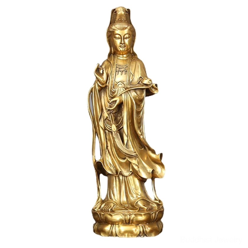 Avalokitesvara brass statue showing complete lotus base construction and lower robe fabric texture with polished golden finish