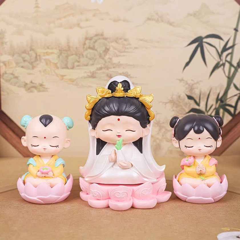 Complete Avalokitesvara meditation statue collection with compassion bodhisattva and child attendants on wooden display