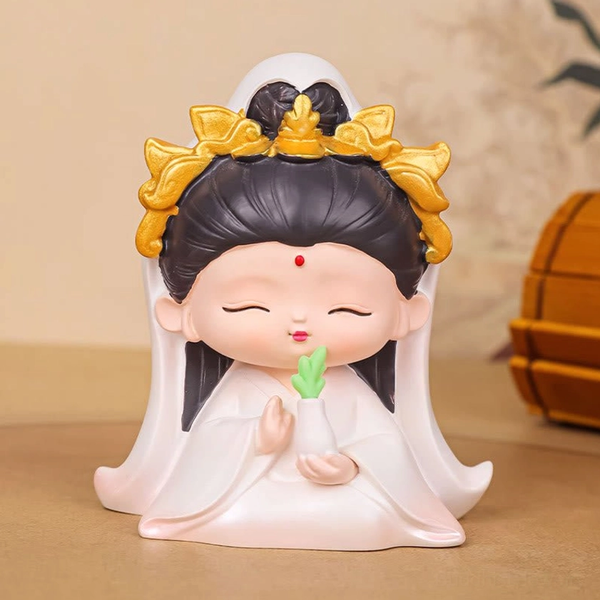 Close-up of main Avalokitesvara Guanyin resin statue 6.5cm with gold crown and willow vase