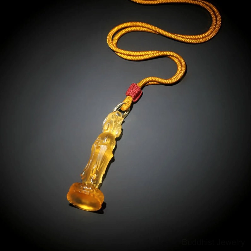 Full-length Avalokitesvara Liuli necklace with golden yellow braided lanyard and glass pendant, side profile
