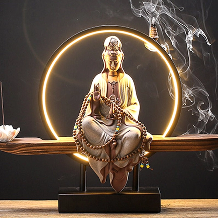 Red ceramic Avalokitesvara backflow incense burner with LED halo and wooden base assembly