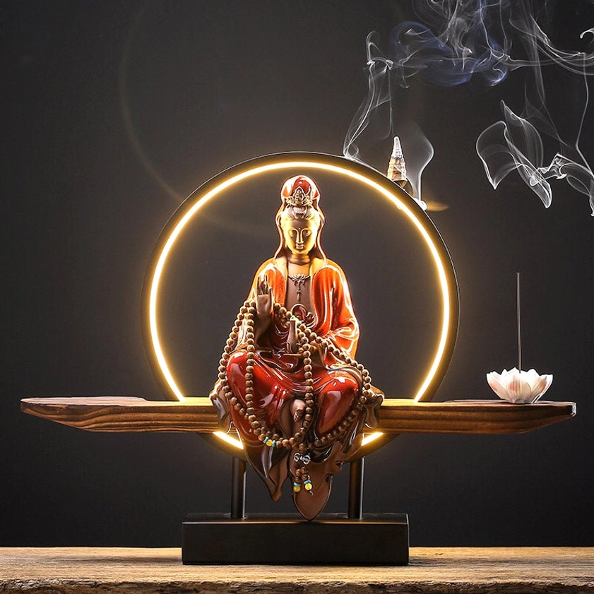 Red glazed Avalokitesvara ceramic incense burner with complete set including wooden base and lotus holder
