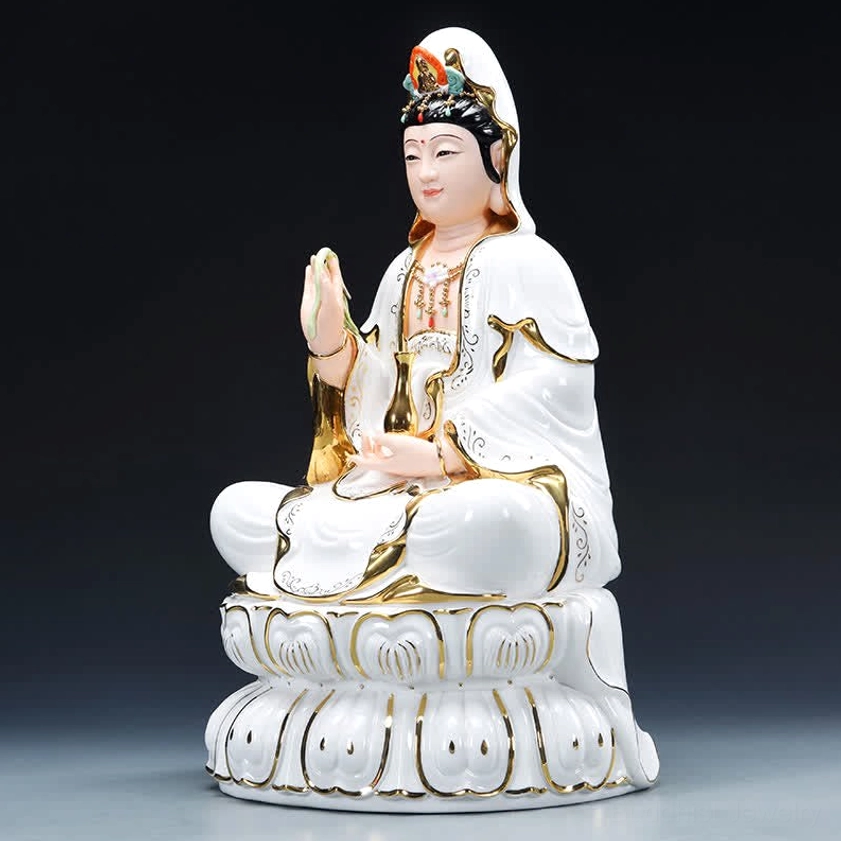 Avalokitesvara Buddha statue left side full view with meditation mudra white porcelain gold accents