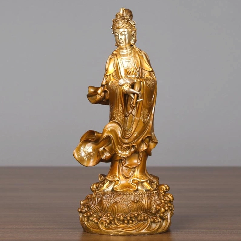 Avalokitesvara Guan Yin handcrafted brass statue base showing ornate lotus-wave carving symbolizing enlightenment