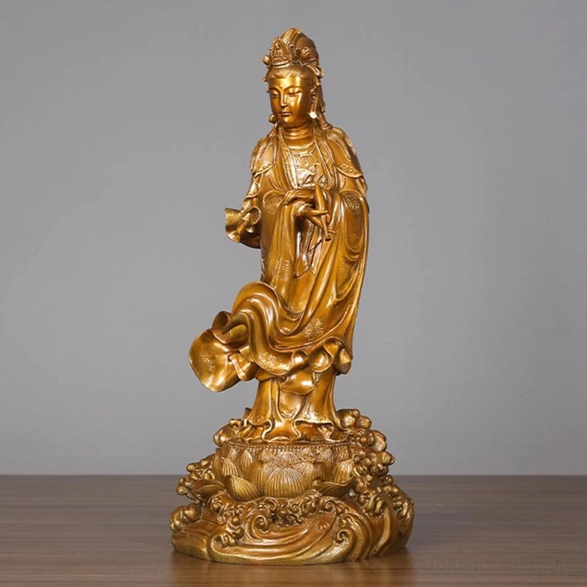 Right rear perspective of Avalokitesvara handcrafted brass statue with warm bronze patina and detailed back drapery