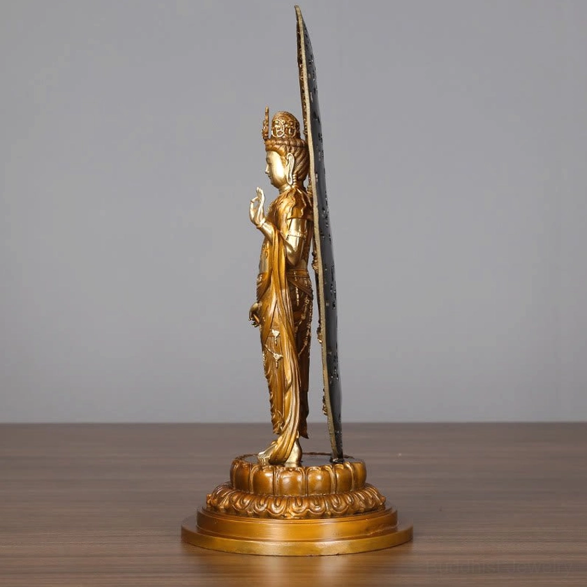 Avalokitesvara statue rear view - bodhisattva headpiece and back of intricate carved backplate