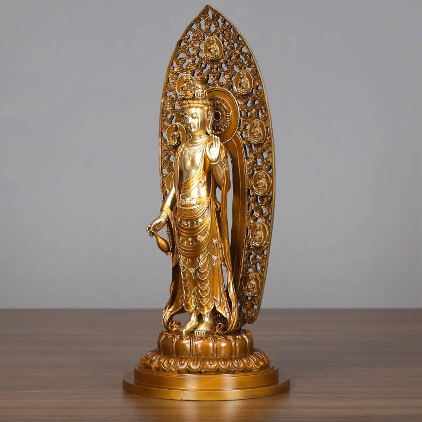 Avalokitesvara statue right side view - revealing ritual hand gesture and ceremonial water vase