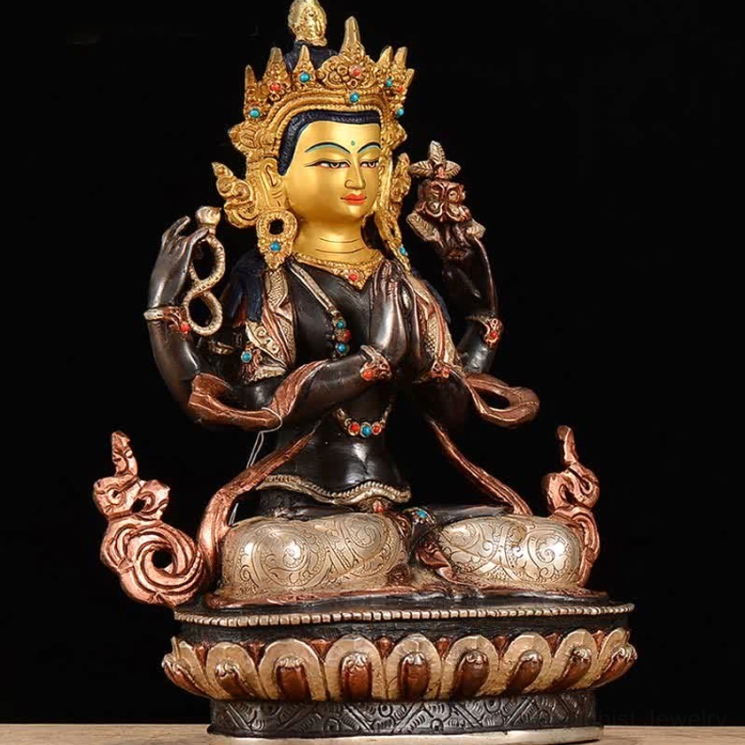 Handcrafted Avalokitesvara Buddhist statue showing three-quarter front perspective with prayer mudra hand gesture and lotus throne base
