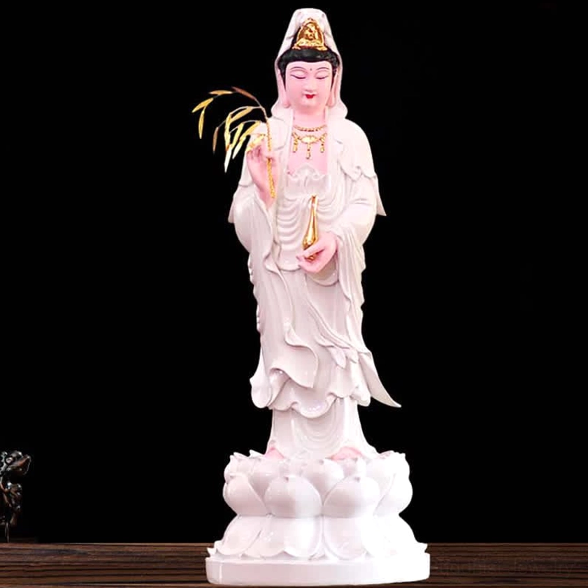 White Avalokitesvara statue minimalist design holding willow branch and jade vase, white lotus base