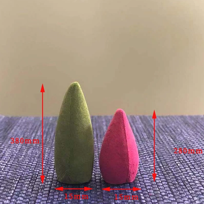 Backflow incense cone size comparison showing small and large options with measurement markers on purple woven fabric surface