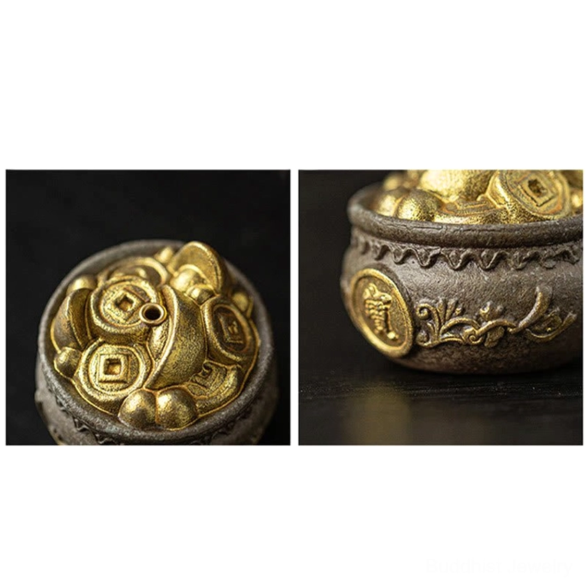 Close-up detail shots of brown ceramic Bagua incense burner showing gold ingot patterns, incense hole, floral carvings, and coin decorations