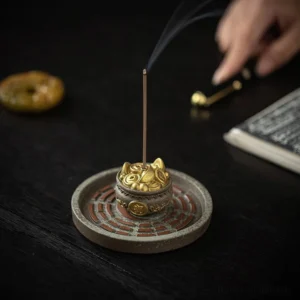 Overhead view of Bagua ceramic incense burner with red engraved tray and smoking incense stick on dark wooden desk