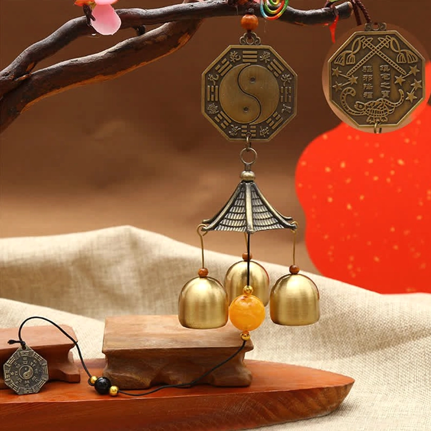 Bagua Taiji yin-yang wind chime with sacred taiji plaque, 3 brass bells, and pavilion hanger for spiritual balance