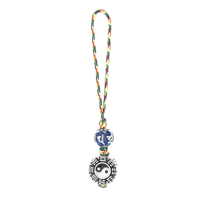 Complete hanging display of Yin Yang Bagua Om Mani Padme Hum copper keychain showing full length and design