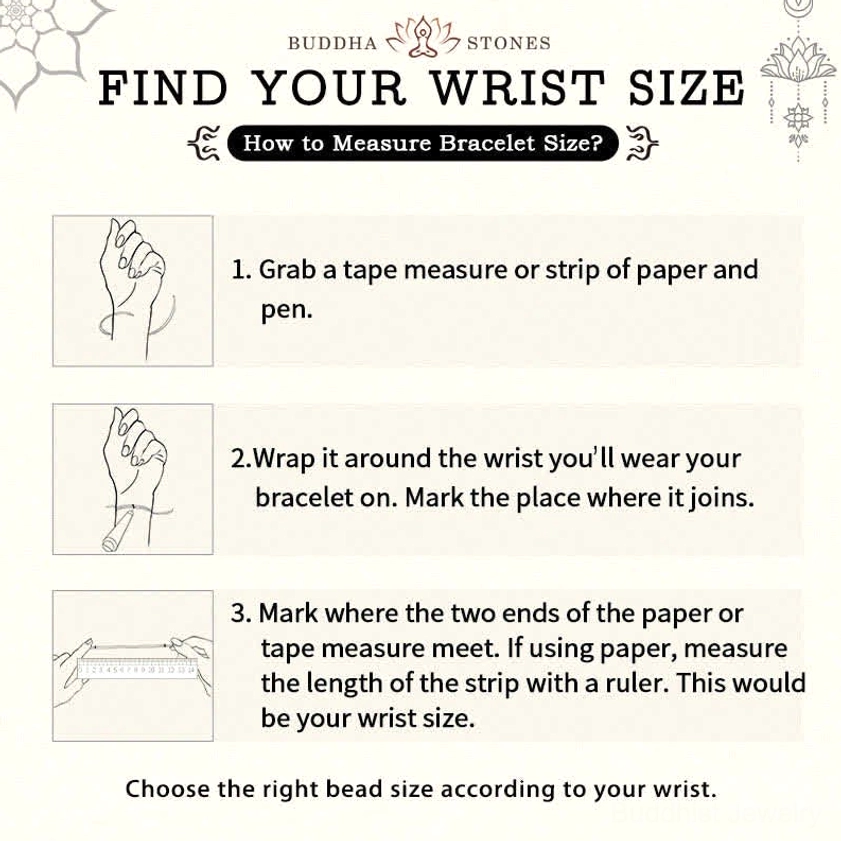 Wrist sizing measurement guide for Buddhist balance bracelet showing six adjustable sizes in inches and centimeters
