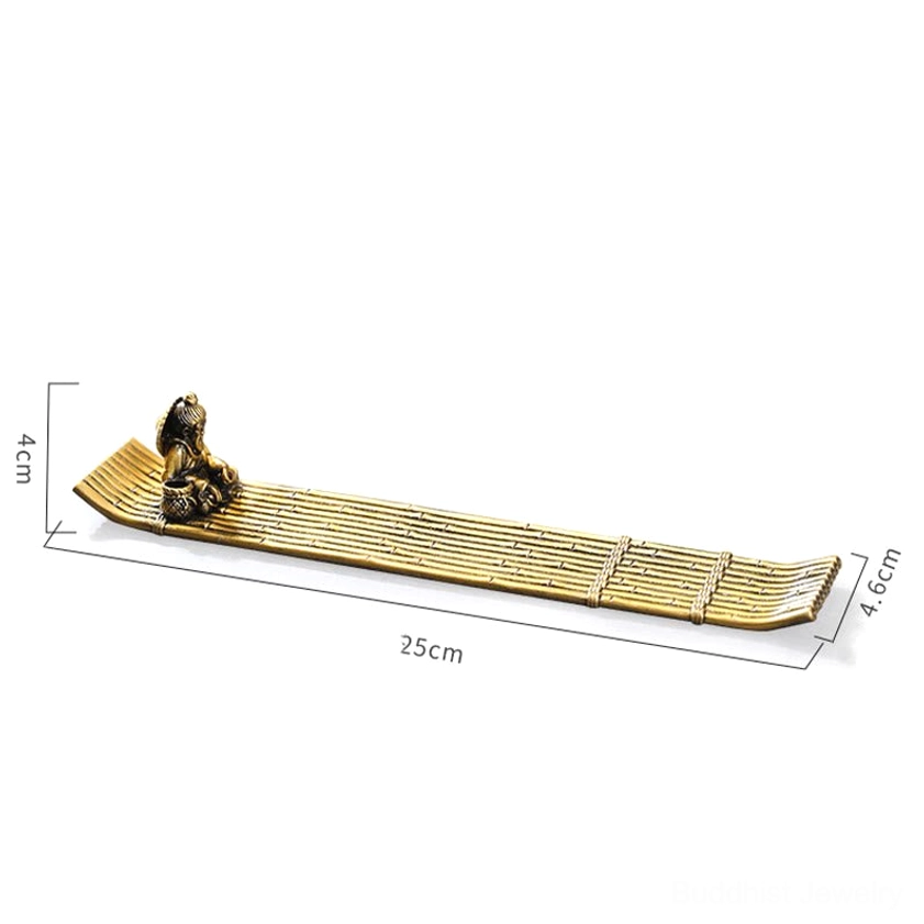 Incense burner size comparison showing 25cm length with compact fisherman figurine and vintage bronze alloy finish