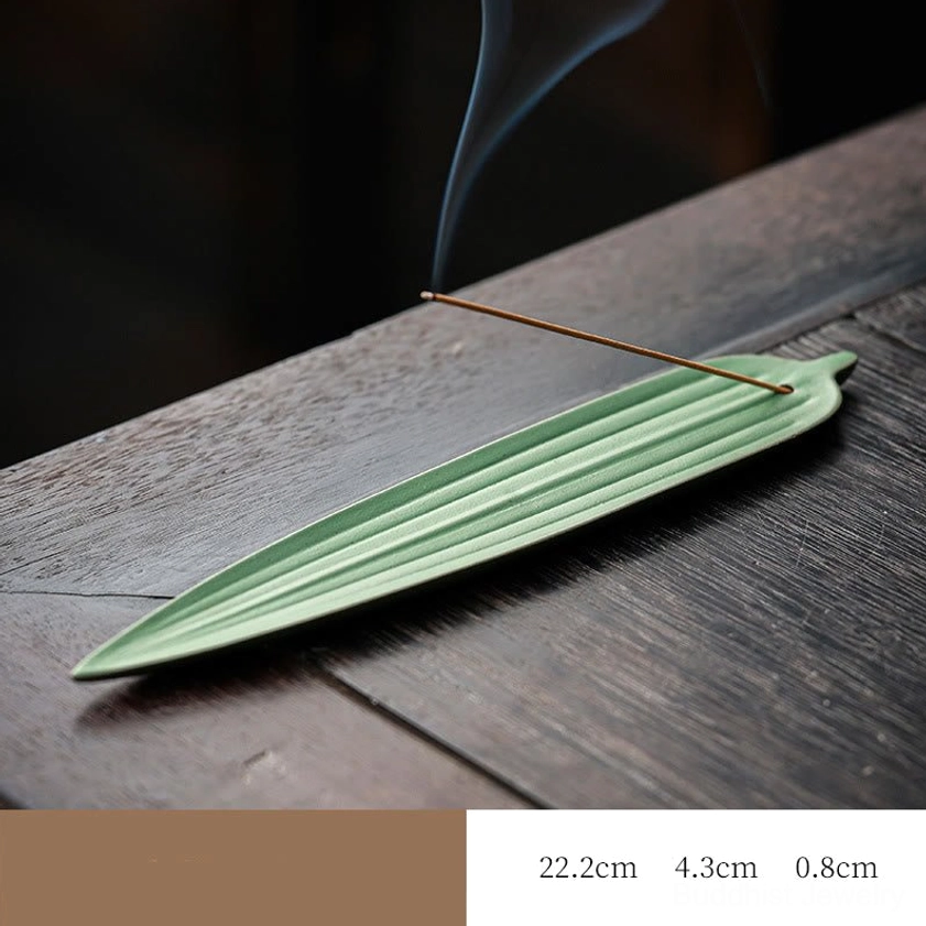 Light green bamboo leaf ceramic incense burner matte finish leaf-shaped holder