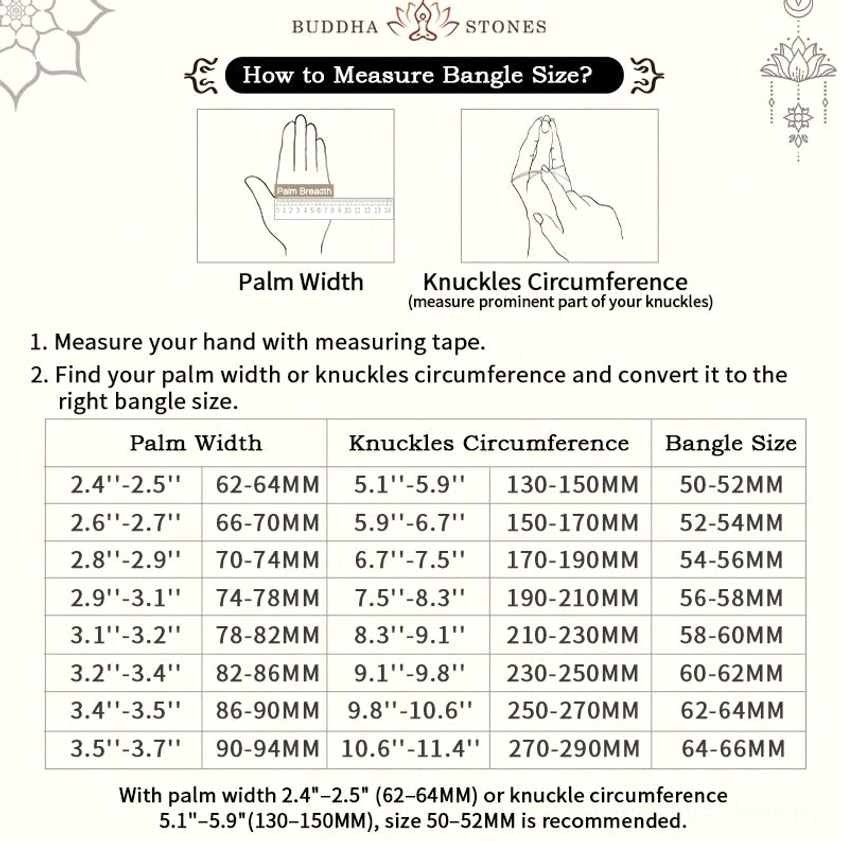 Buddhist bangle sizing guide chart showing measurement instructions for palm width and wrist circumference