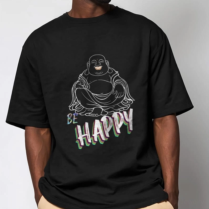 Male model wearing black Laughing Buddha BE HAPPY t-shirt Buddhist spiritual tee