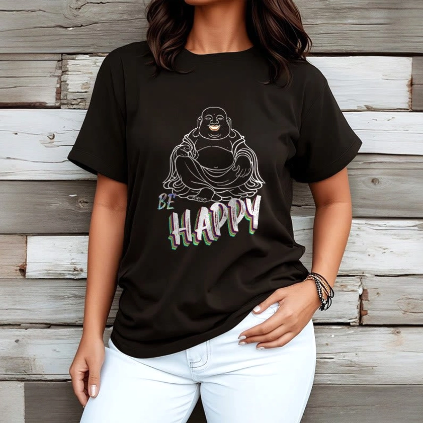Female model black Laughing Buddha BE HAPPY graphic tee wooden background relaxed fit