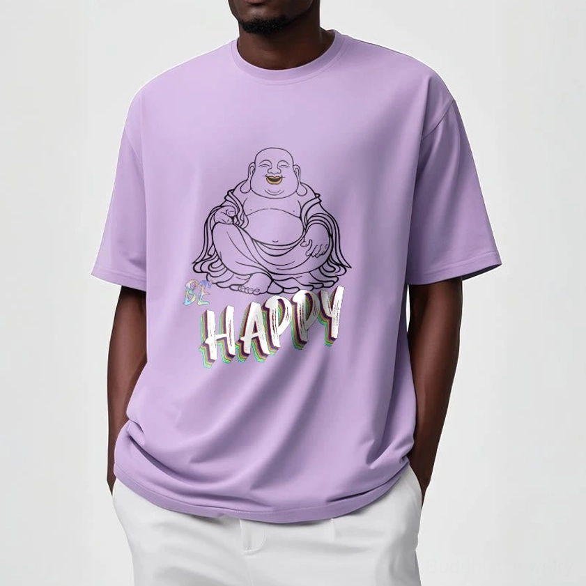 Light cyan Laughing Buddha BE HAPPY t-shirt flat lay front design all sizes available