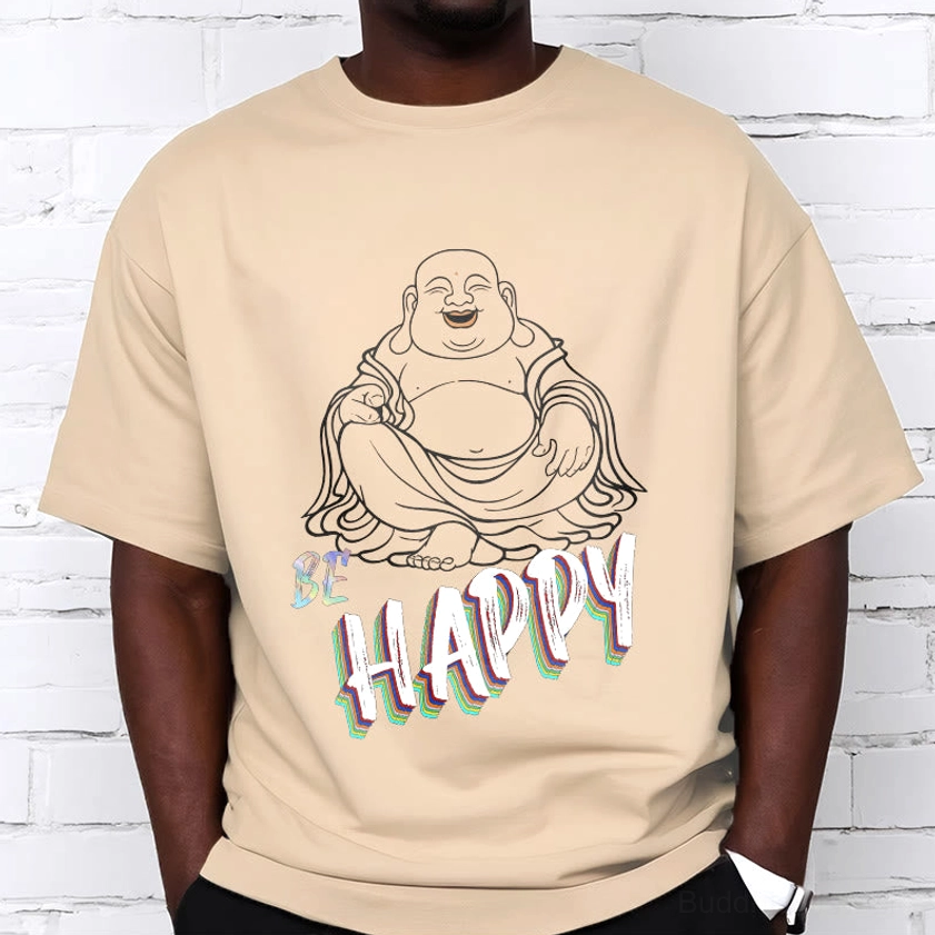 Light cyan Laughing Buddha BE HAPPY t-shirt model wearing unisex cotton comfortable