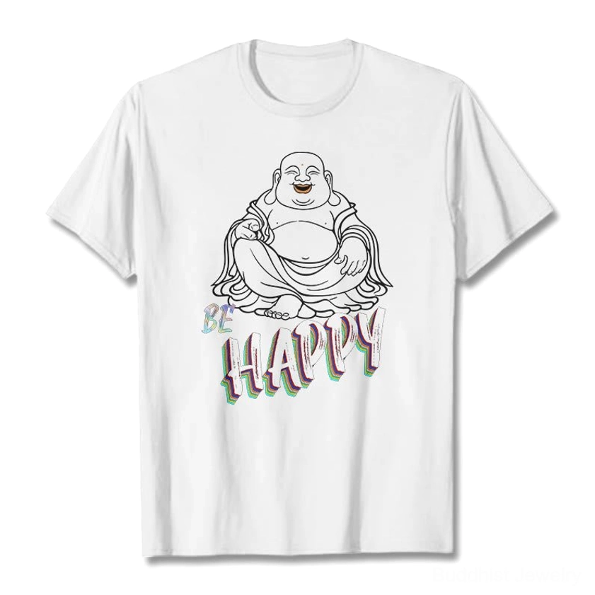 BE HAPPY Laughing Buddha white t-shirt flat lay design line art Buddhist inspired